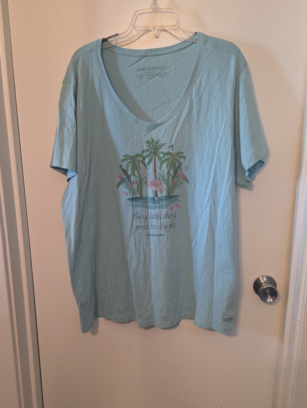 Life Is Good Pale Blue V-Neck Tee with Flamingo & Palm Print